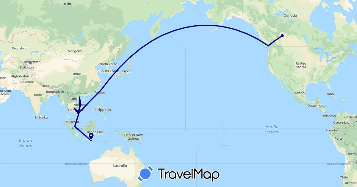 TravelMap itinerary: driving in Canada, Indonesia, Cambodia, Singapore, Taiwan, Vietnam (Asia, North America)